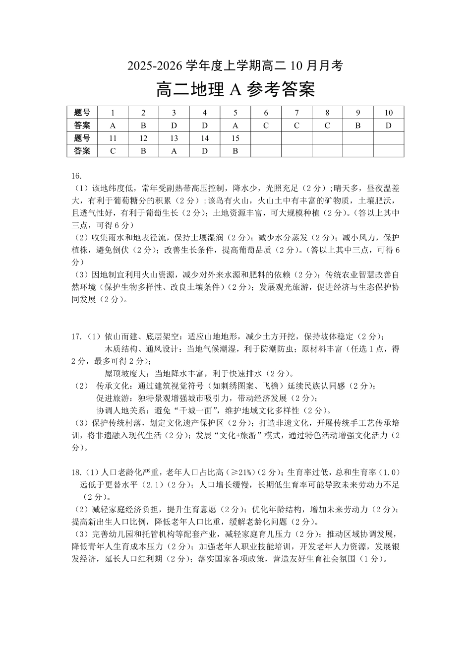 地理试卷(A卷)答案【高二】湖北省楚天协作体2025-2026学年度上学期高二10月月考（10.13-10.14）.pdf_第1页