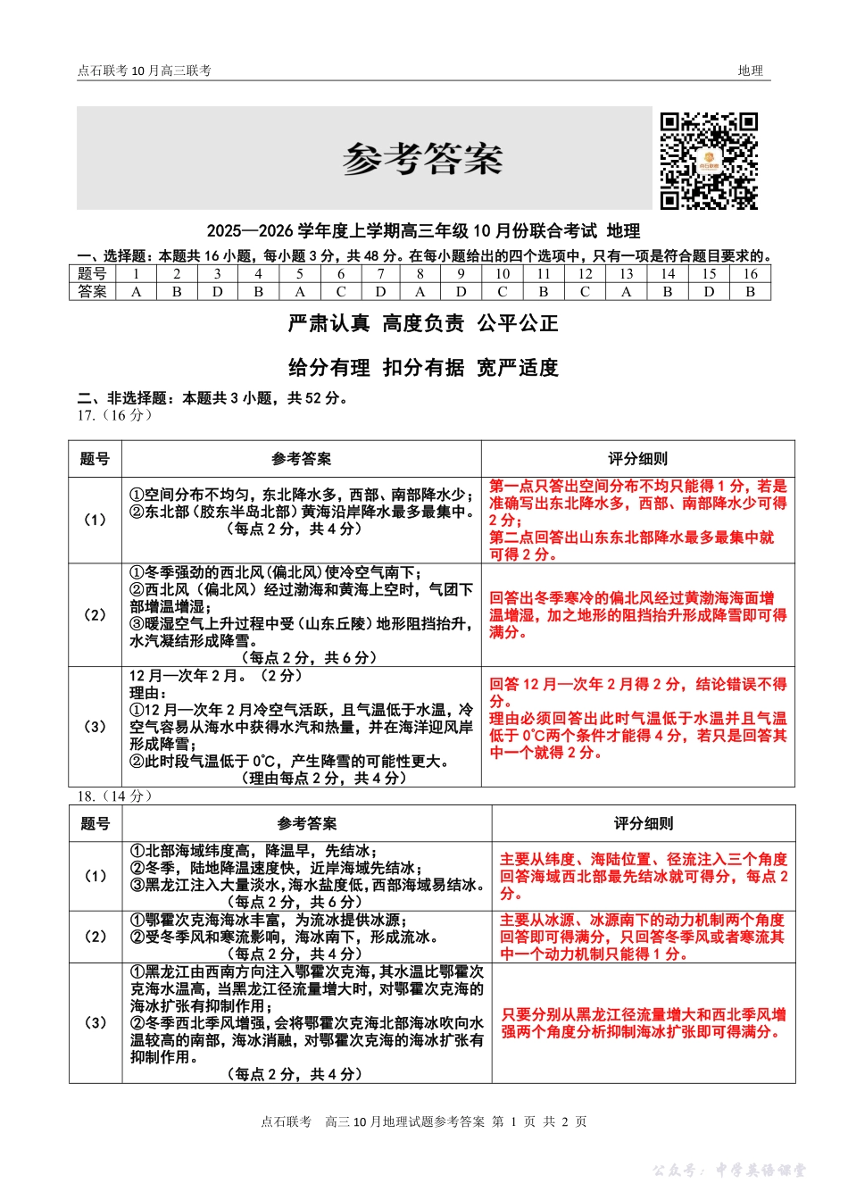 点石联考2025-2026学年度上学期高三年级10月份联合考试地理答案.pdf_第1页