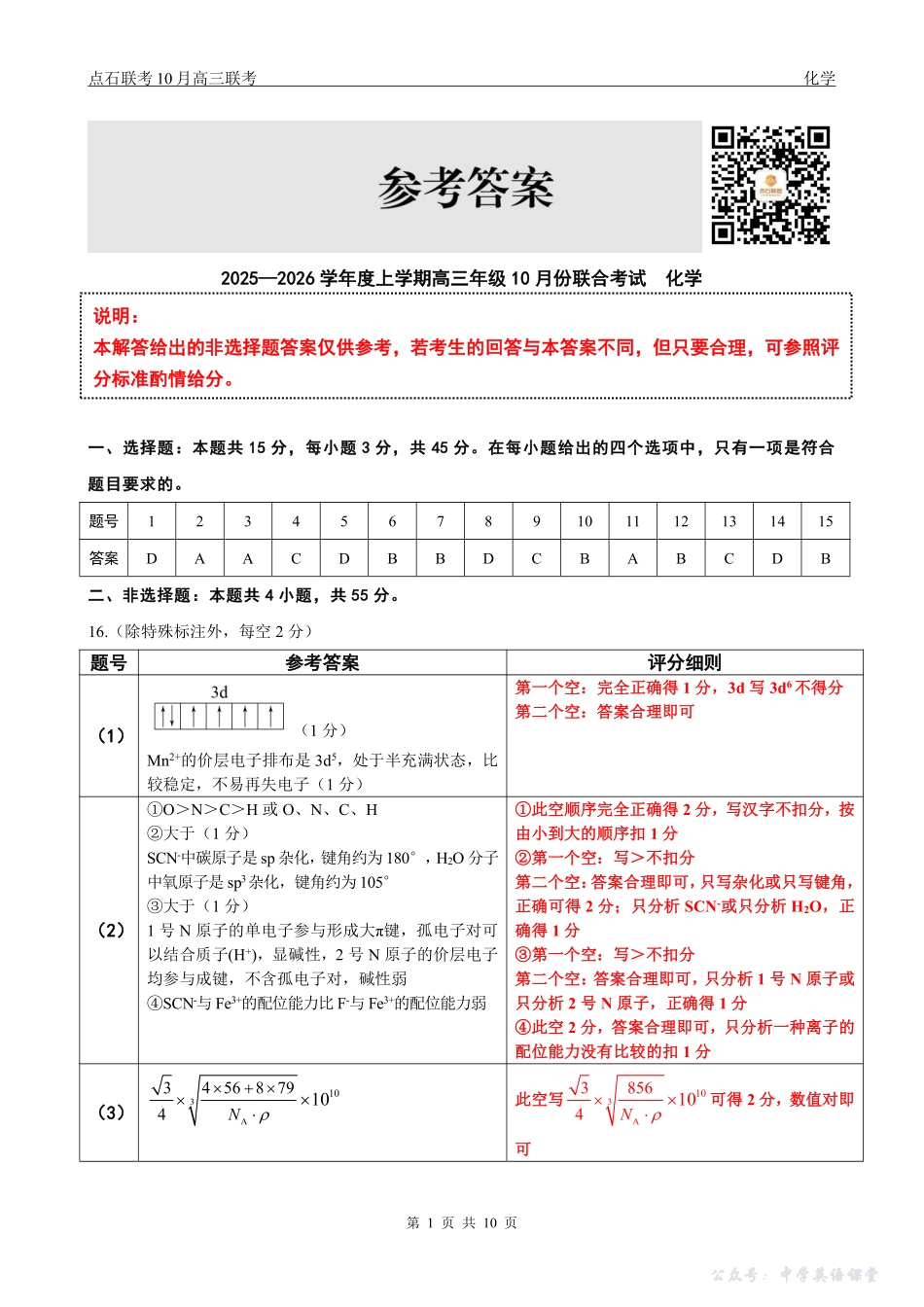 点石联考2025-2026学年度上学期高三年级10月份联合考试化学答案.pdf_第1页