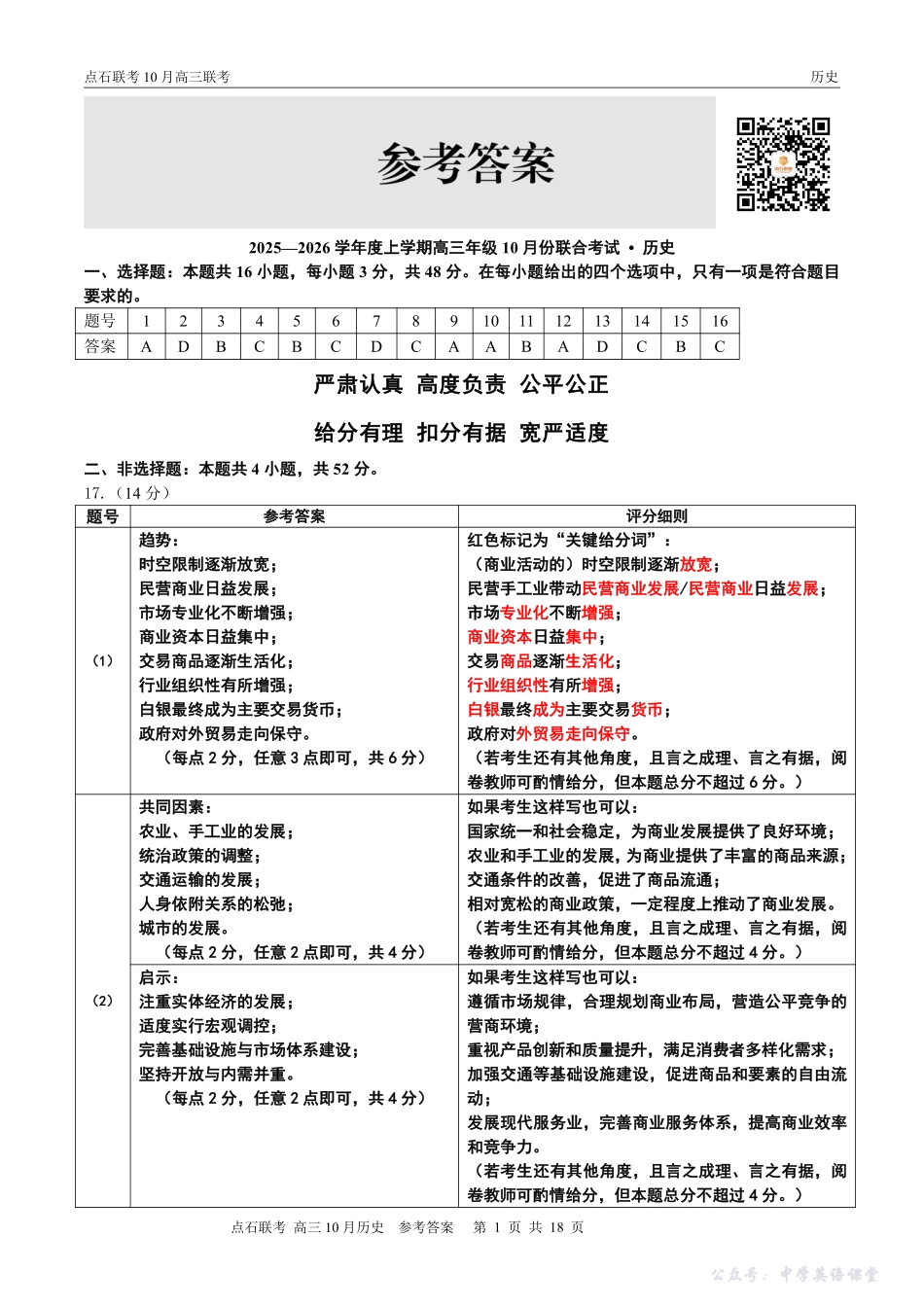点石联考2025-2026学年度上学期高三年级10月份联合考试历史答案.pdf_第1页