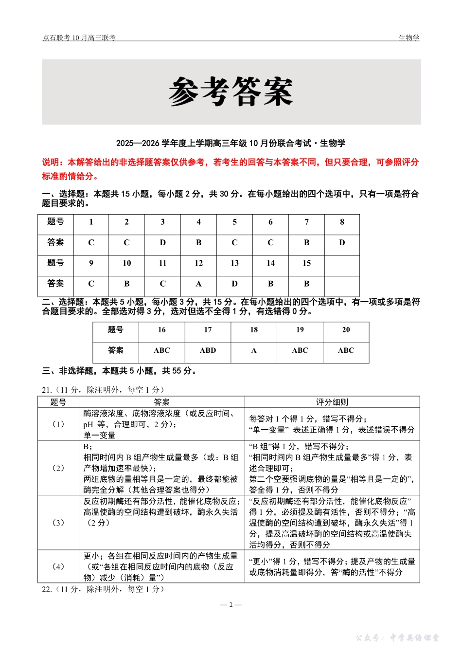 点石联考2025-2026学年度上学期高三年级10月份联合考试生物答案.pdf_第1页