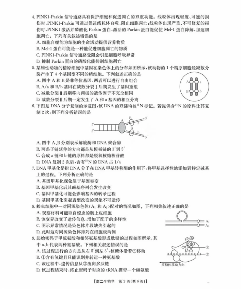 福建省南平市部分学校2025-2026学年高二上学期开学联考生物试卷.pdf_第2页