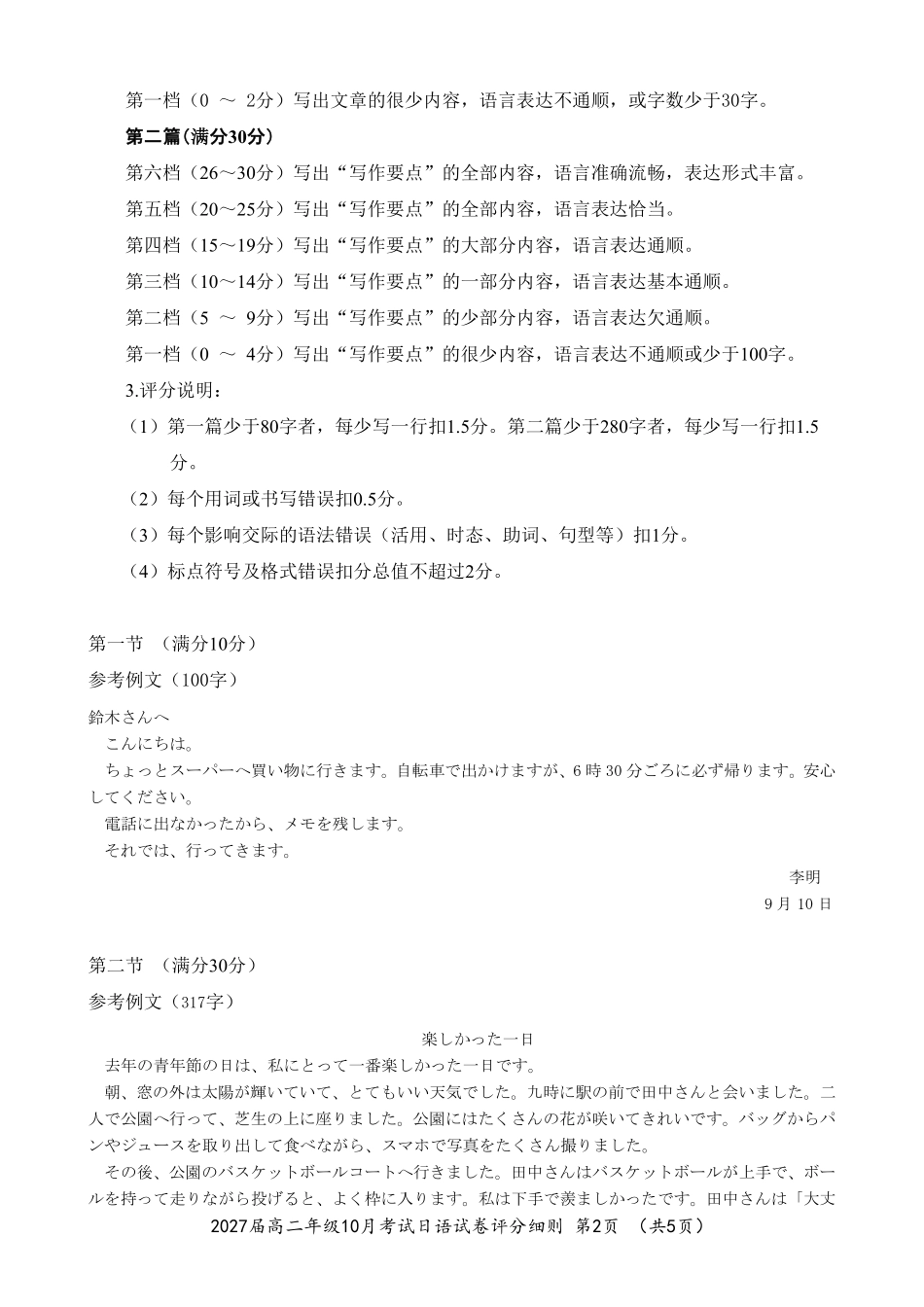 高二10月考试日语试卷评分细则.pdf_第2页