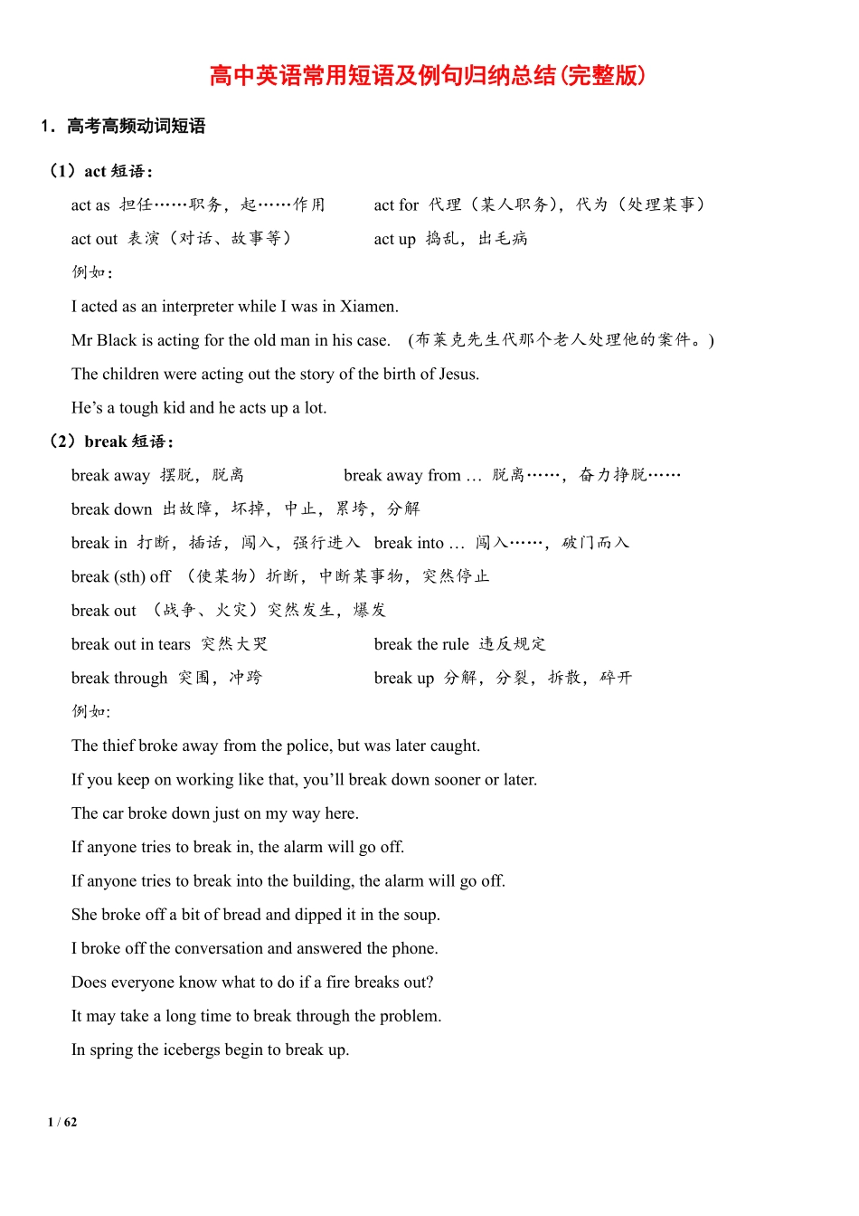 高中英语常用短语及例句归纳总结(62页).pdf_第1页