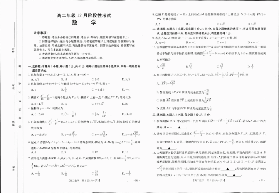 广西2024-2025学年高二上学期12月阶段性考试数学B1（人教版）.pdf_第1页