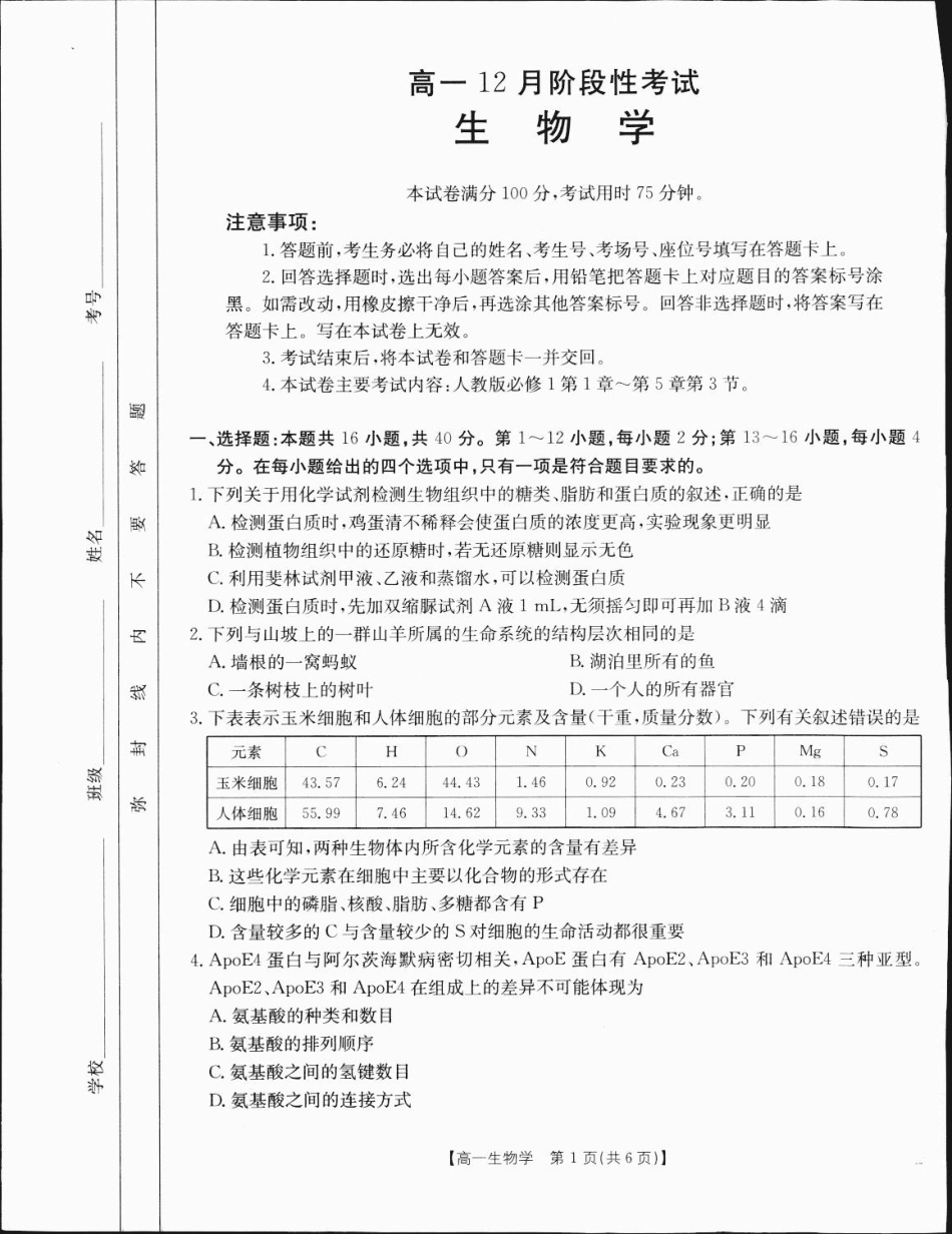 广西2024-2025学年高一上学期12月阶段性考试生物1.pdf_第1页