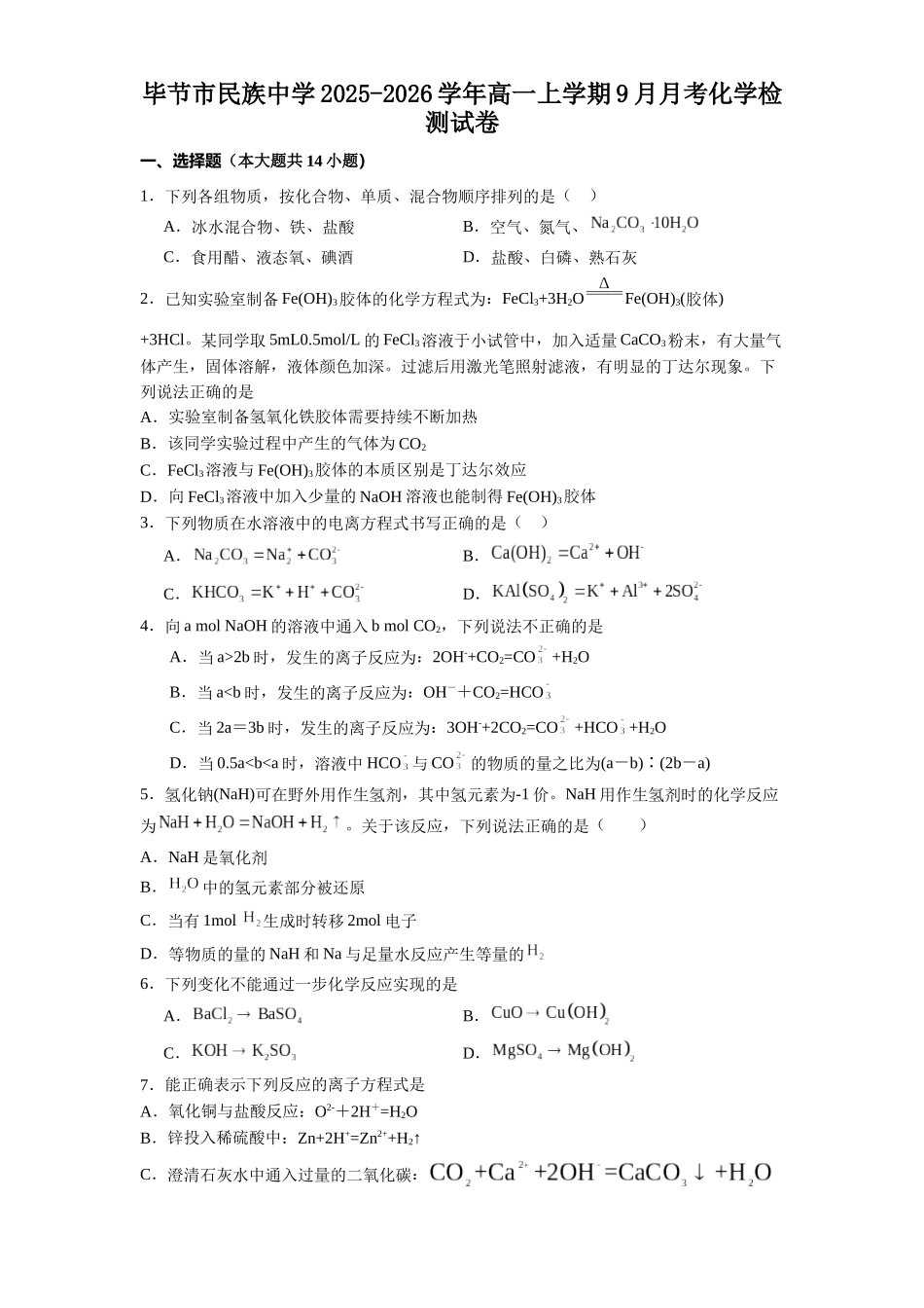贵州省毕节市民族中学2025-2026学年高一上学期9月月考化学试题.docx_第1页