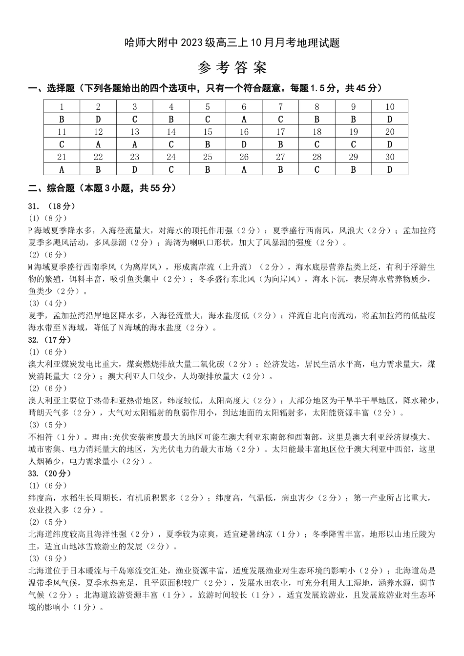哈师大附中2023级高三上学期10月月考地理答案.docx_第1页