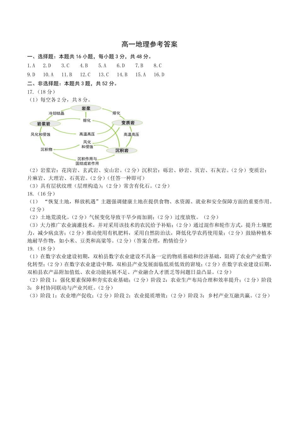 河北省石家庄市2024-2025学年高一下学期期末教学质量检测地理答案.pdf_第1页