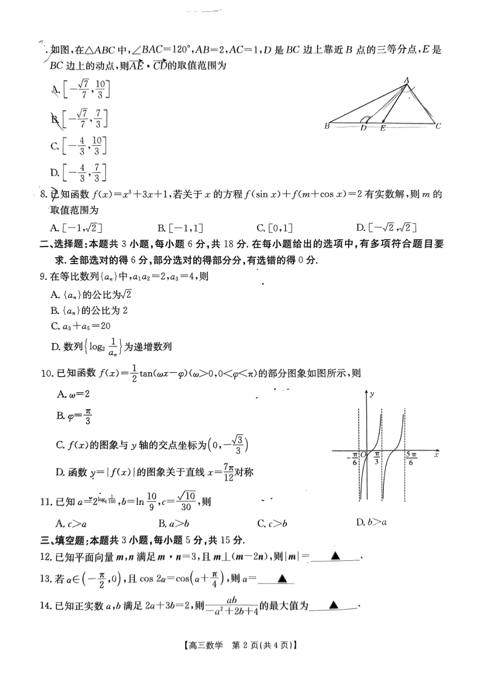 湖北省百校大联考2024-2025学年高三上学期10月考试数学试卷.pdf_第2页