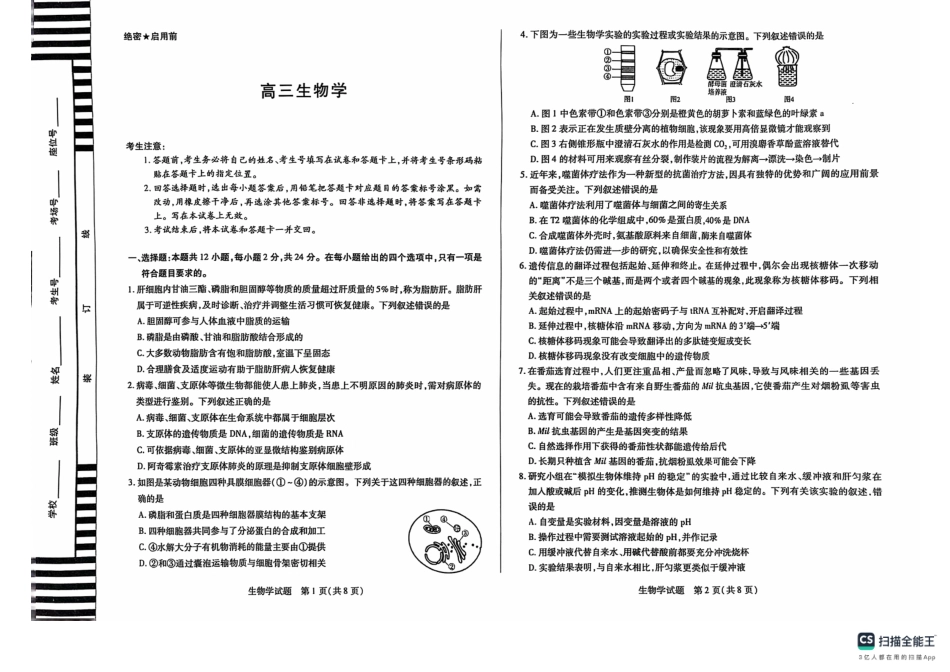 湖南省天一大联考&湘一名校联盟2024-2025学年高三上学期11月联考(11.28-11.29)生物试卷.pdf_第1页