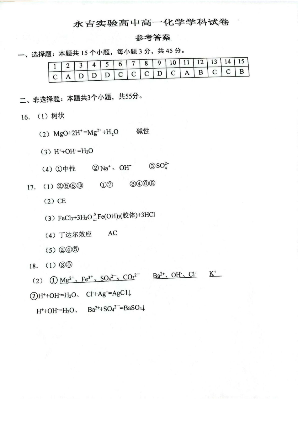 化学高一分班考试化学答案.pdf_第1页