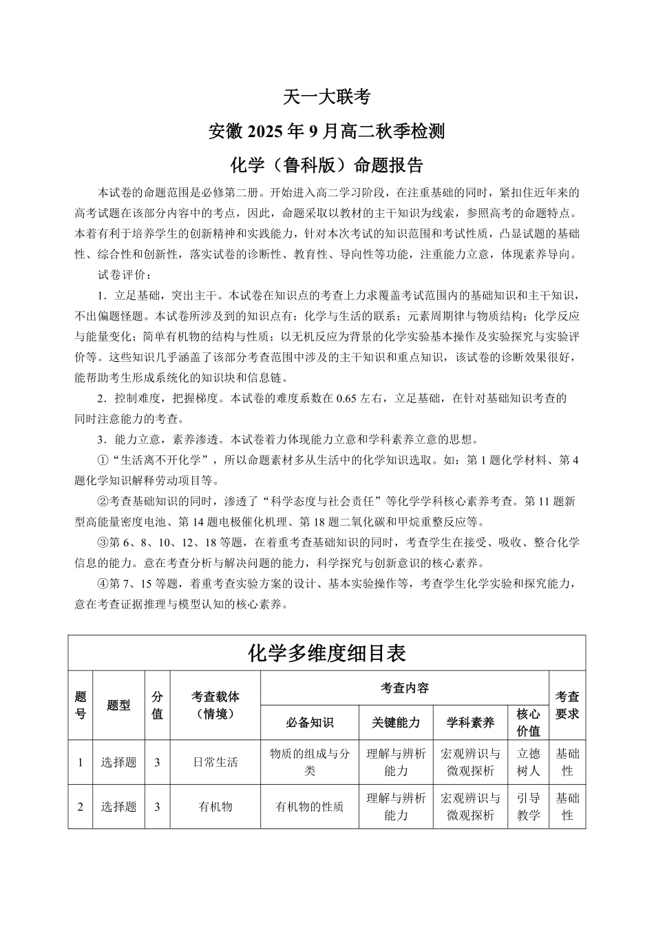 化学鲁科版安徽高二9月秋季检测命题报告.pdf_第1页