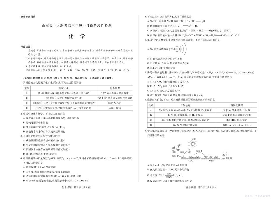 化学山东高三年级十月份阶段性检测.pdf_第1页