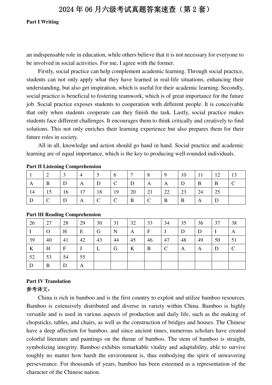 2024年06月六级考试真题答案速查（第2套）.pdf_第1页