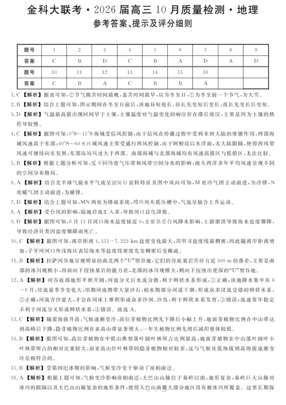金科大联考河北省2026届高三10月质量检测地理答案.pdf_第1页