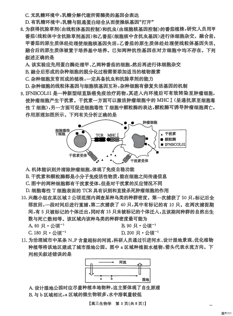 金太阳25-423C2025届高三年级下学期4月第二次联考（4.25-4.26）生物试题卷+答案.pdf_第3页