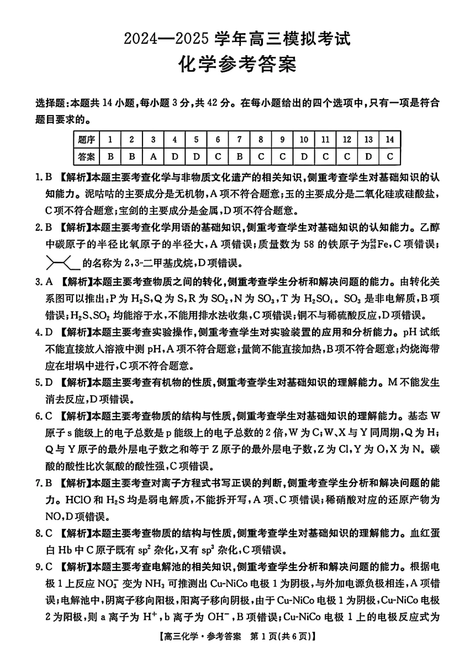 金太阳2024-2025学年高三3月模拟考试（3.3-3.4HN）化学试卷答案.pdf_第1页