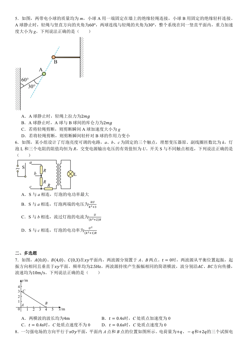 精品解析：2025年高考湖南物理真题（原卷版）.pdf_第2页