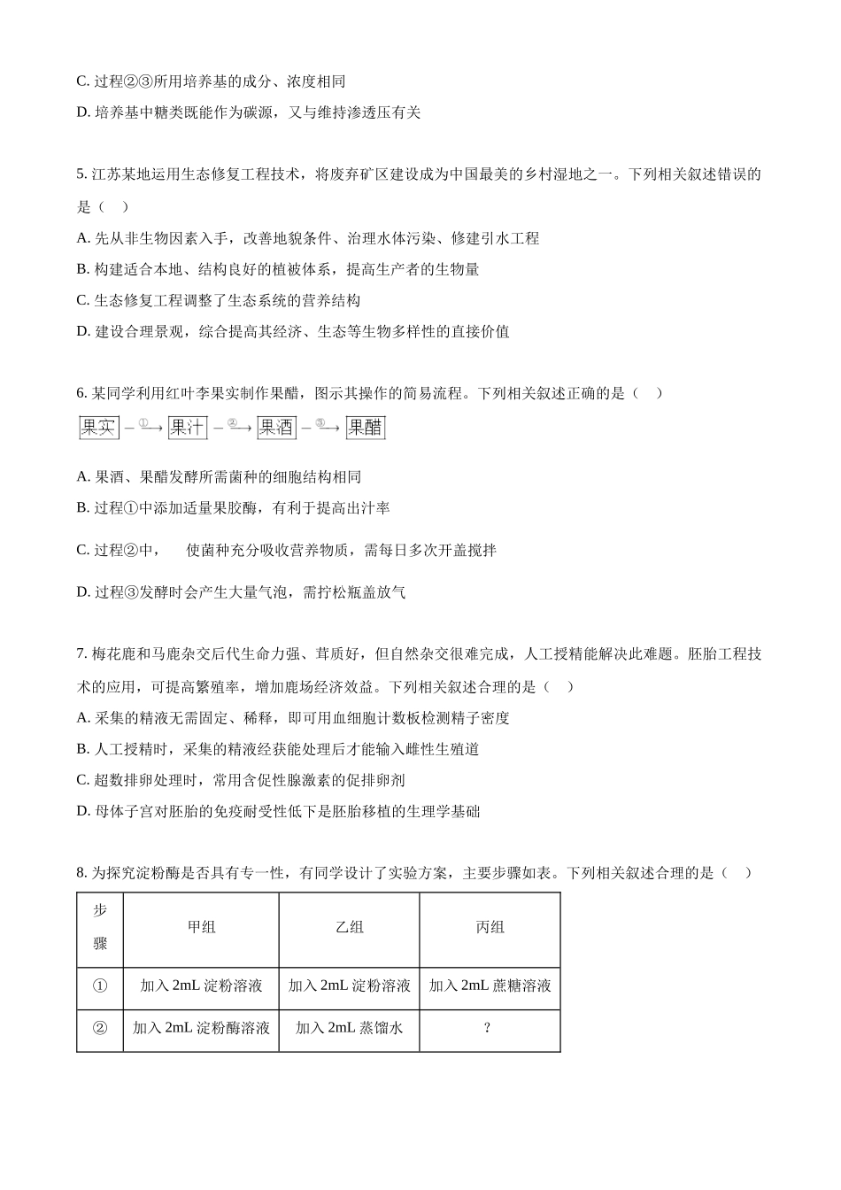 精品解析:2025年高考江苏生物真题(原卷版).docx_第2页
