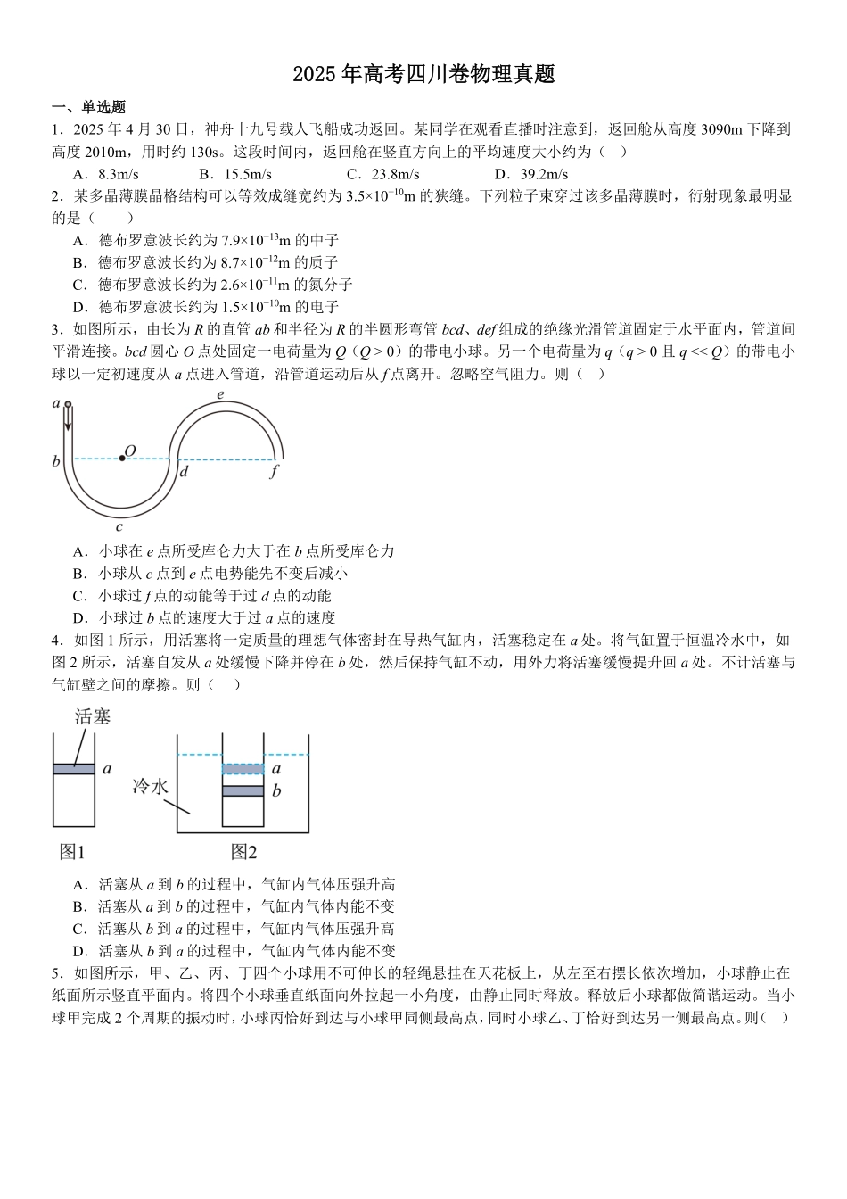 精品解析:2025年高考四川物理真题(原卷版).pdf_第1页
