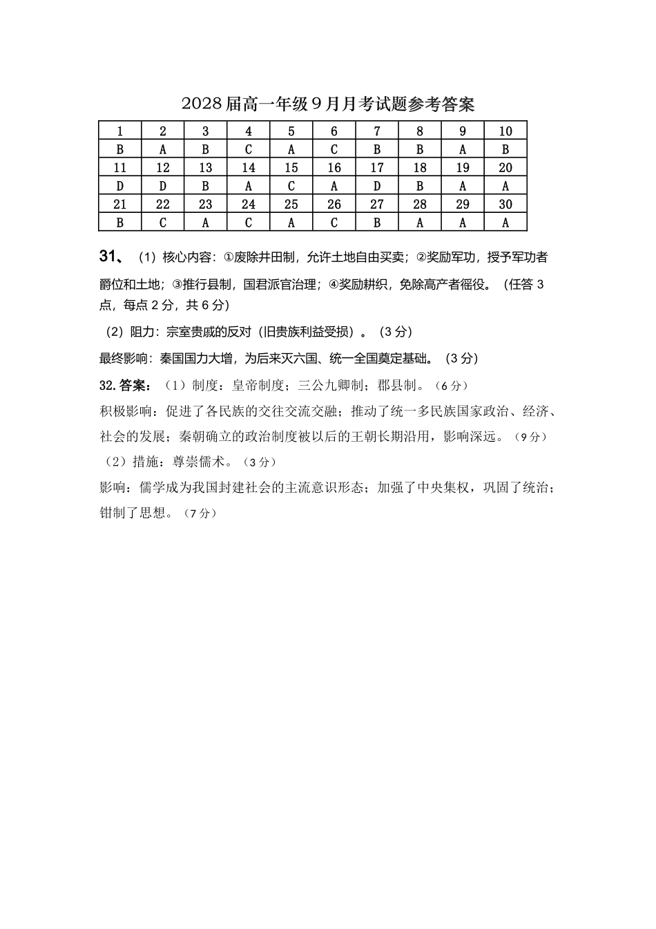 陕西省汉中市西乡县第一中学2025-2026学年高一上学期9月月考历史参考答案.docx_第1页
