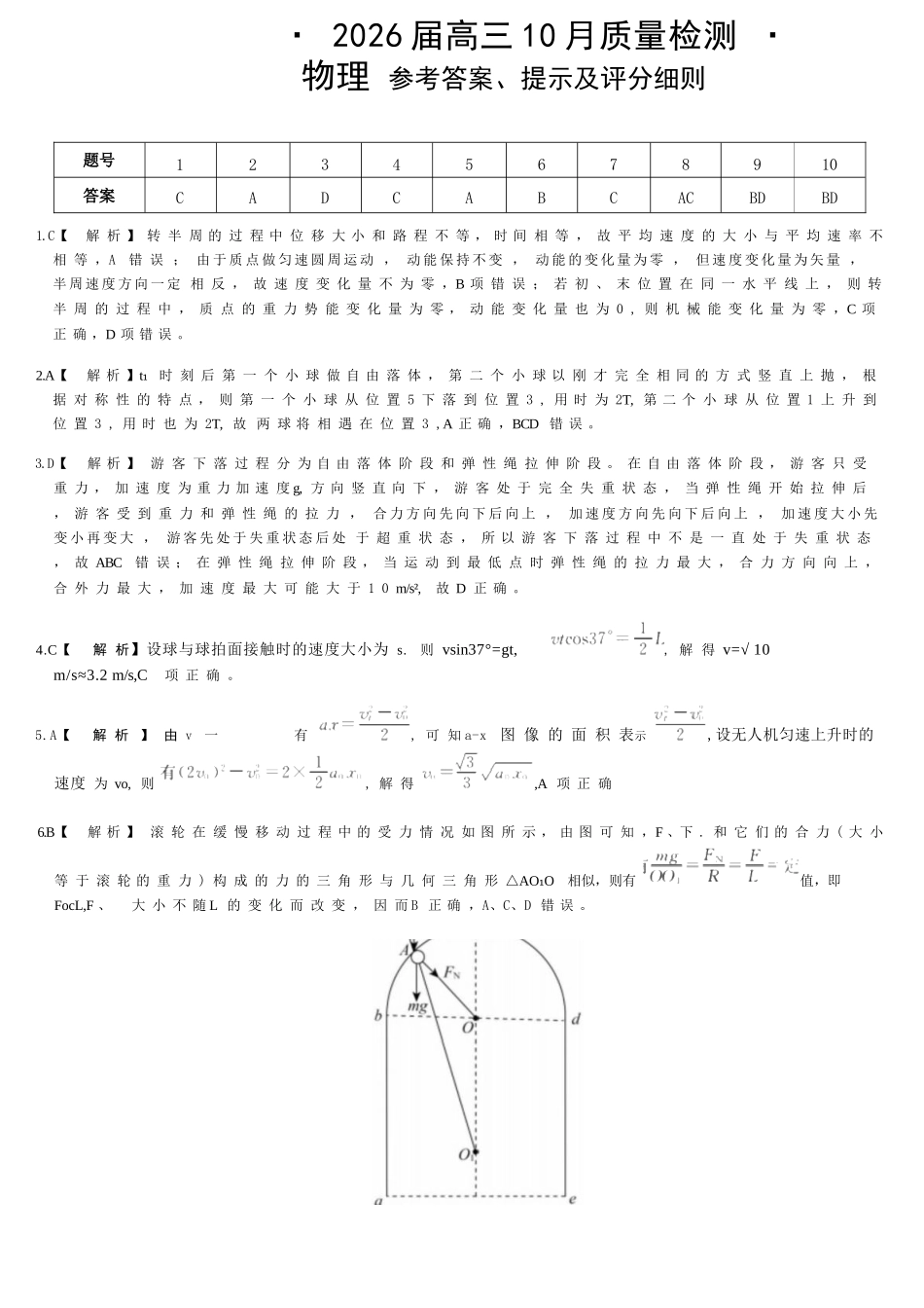 物理试卷答案河北省金科大联考2026届高三10月质量检测(下标HB)(109-10.10).docx_第1页