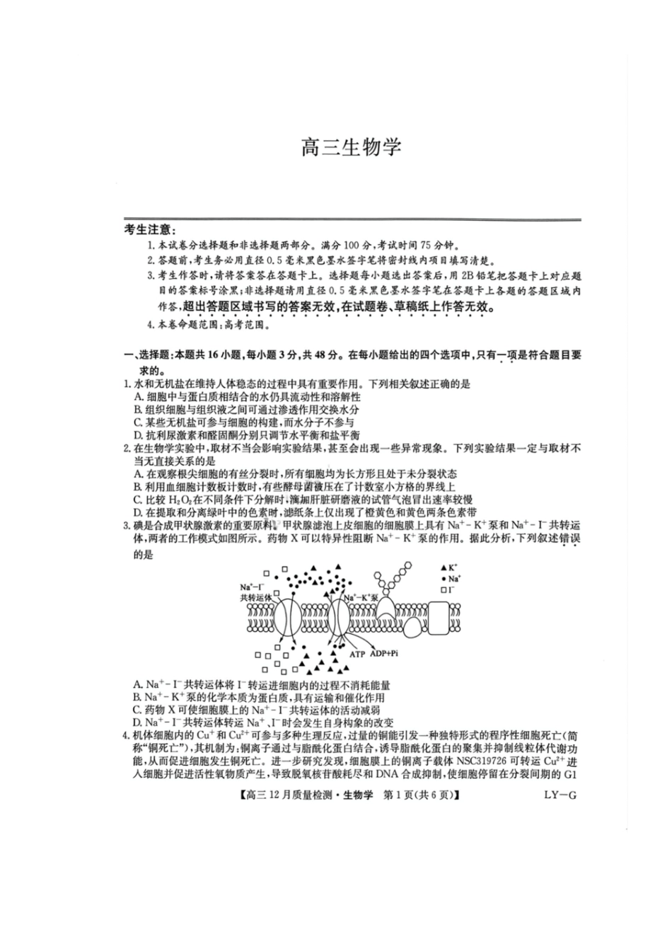 九师联盟2025年高三12月质量检测（下标LY-G）（12.23-12.24）地理试卷+答案.pdf_第1页