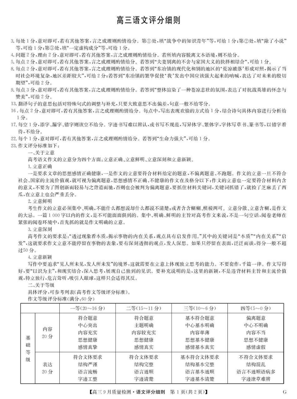 九师联盟2026届高三9月质量检测语文评分细则.pdf_第1页