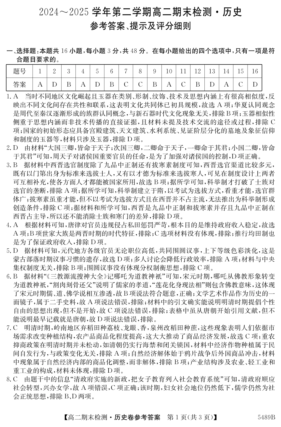 历史试卷(5489B)答案安徽省县中联盟2024-2025学年第二学期高二年级期末检测(下标5439B).pdf_第1页