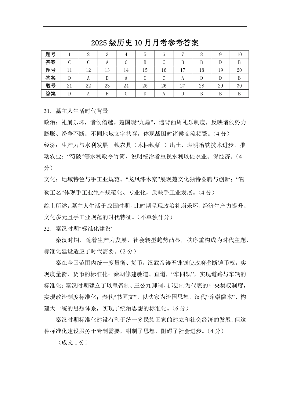 历史试卷答案【高一】山东省济宁市实验中学2025级(2028届)高一上学期10月月考（10.15左右).pdf_第1页