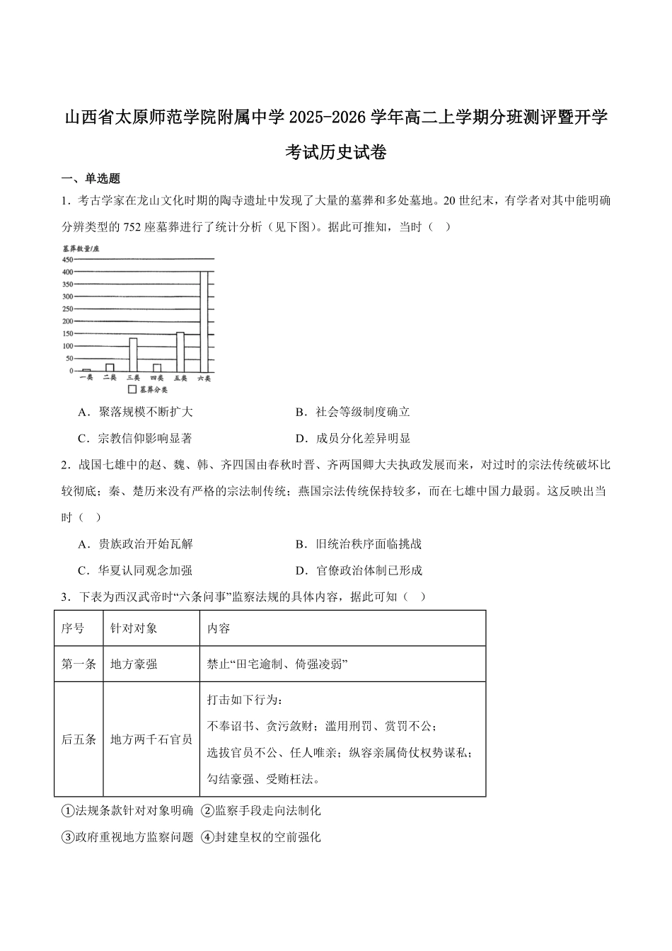 山西省太原市太原师范学院附属中学2025-2026学年高二上学期开学分班测评历史试卷(含答案).pdf_第1页