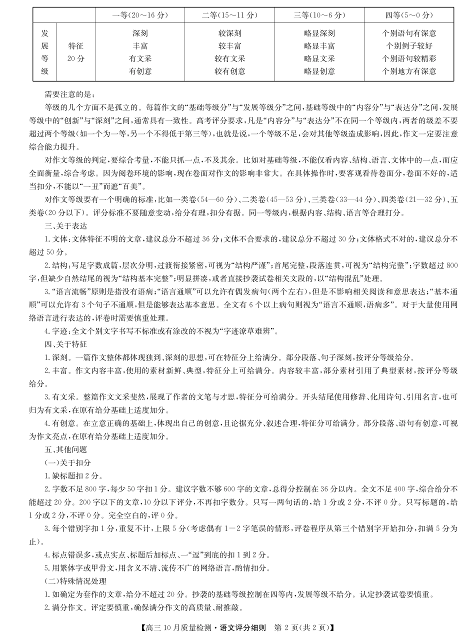 陕晋青宁九师联盟2025届高三10月质量检测(10.24-10.25)语文试卷评分细则-10月质量检测.pdf_第2页
