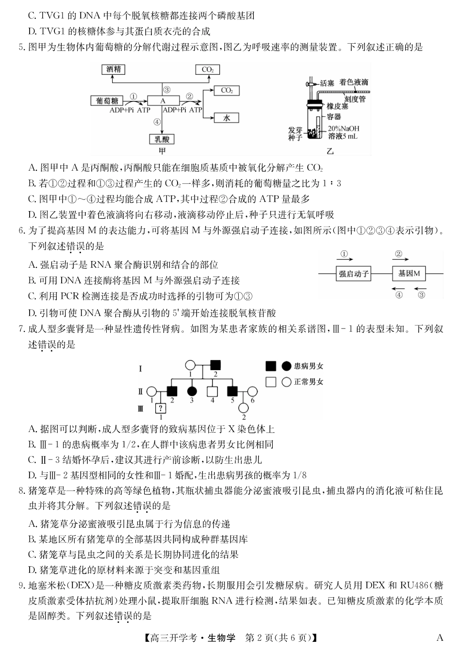 生物试卷（A）安徽省九师联盟2026届高三9月开学联考（9.8-9.9）.pdf_第2页