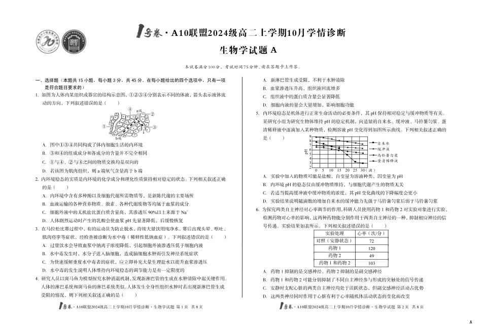 生物学试卷(A)【高二】安徽省1号卷A10联盟2024级高二上学期10月学情诊断（10.14-10.15）.pdf_第1页