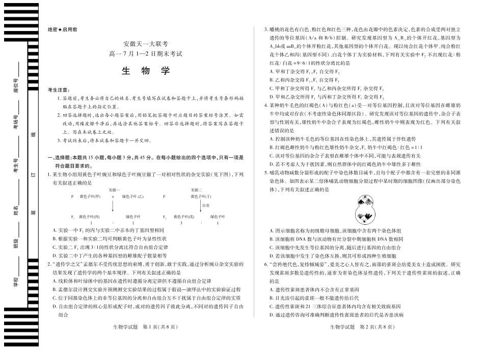 生物学试卷（安徽版）高一下7月期末试卷【高一下期末考】安徽省天一大联考2024-2025学年（下）高一年级期末考试（7.1-7.2）.pdf_第1页