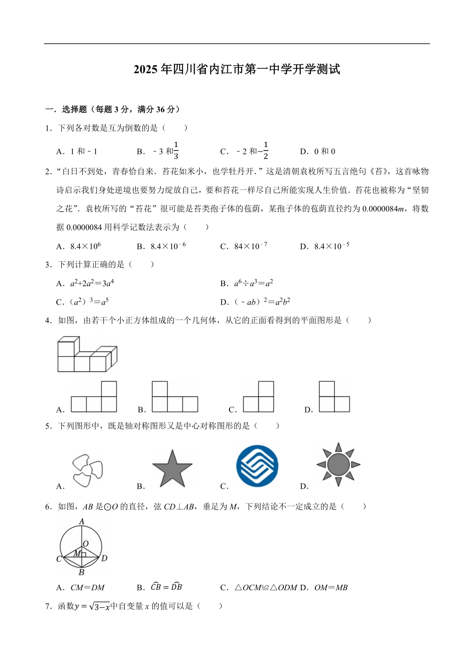 四川省内江市第一中学2025-2026学年高一上学期开学测试数学试题(含答案).pdf_第1页