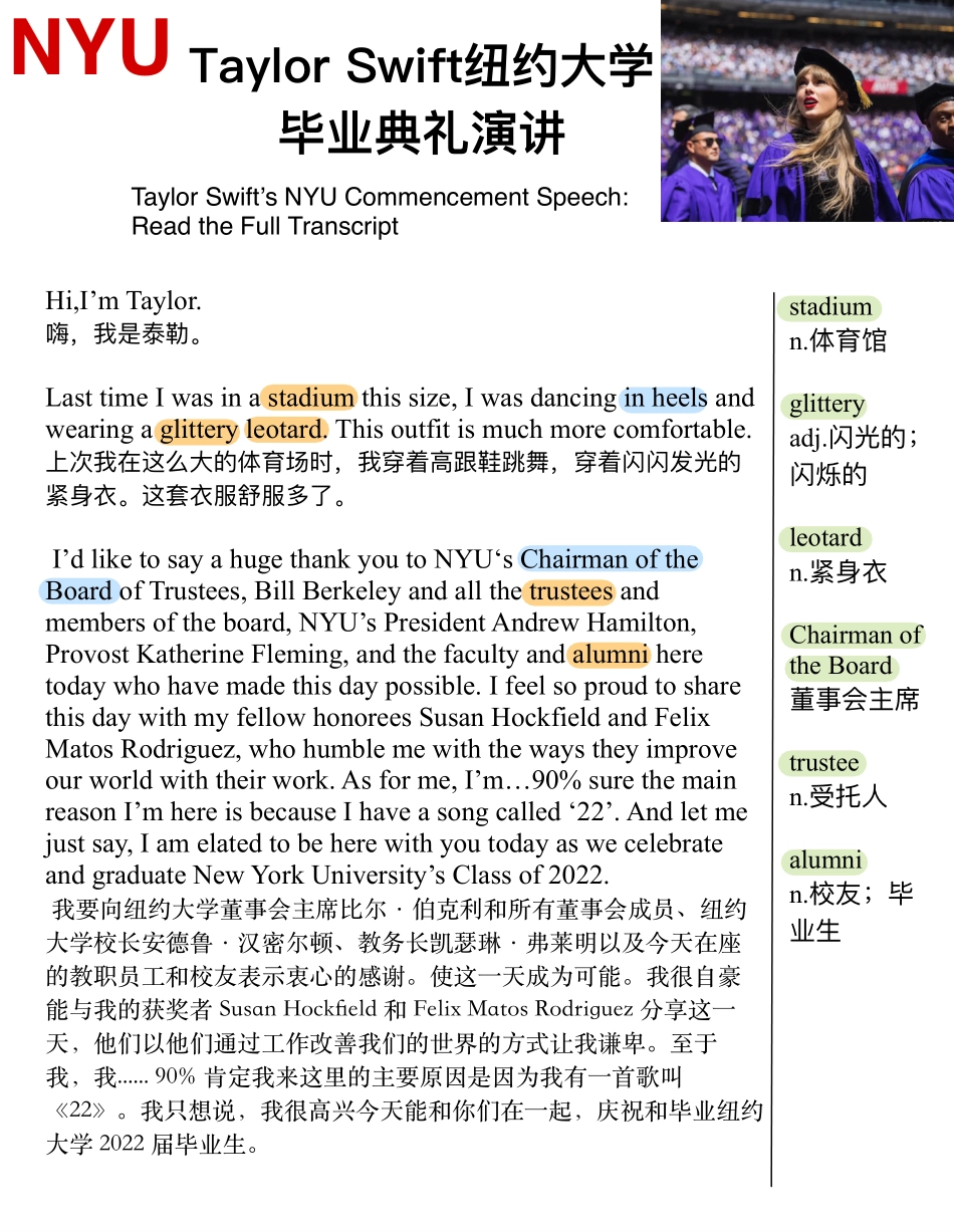 Taylor Swift纽约大学毕业典礼演讲.pdf_第1页