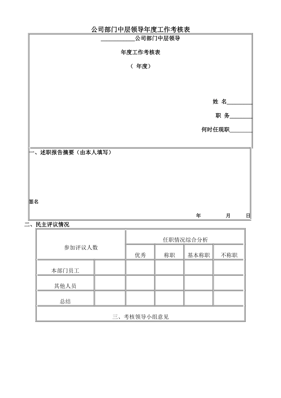 公司部门中层领导年度工作考核表.doc_第1页