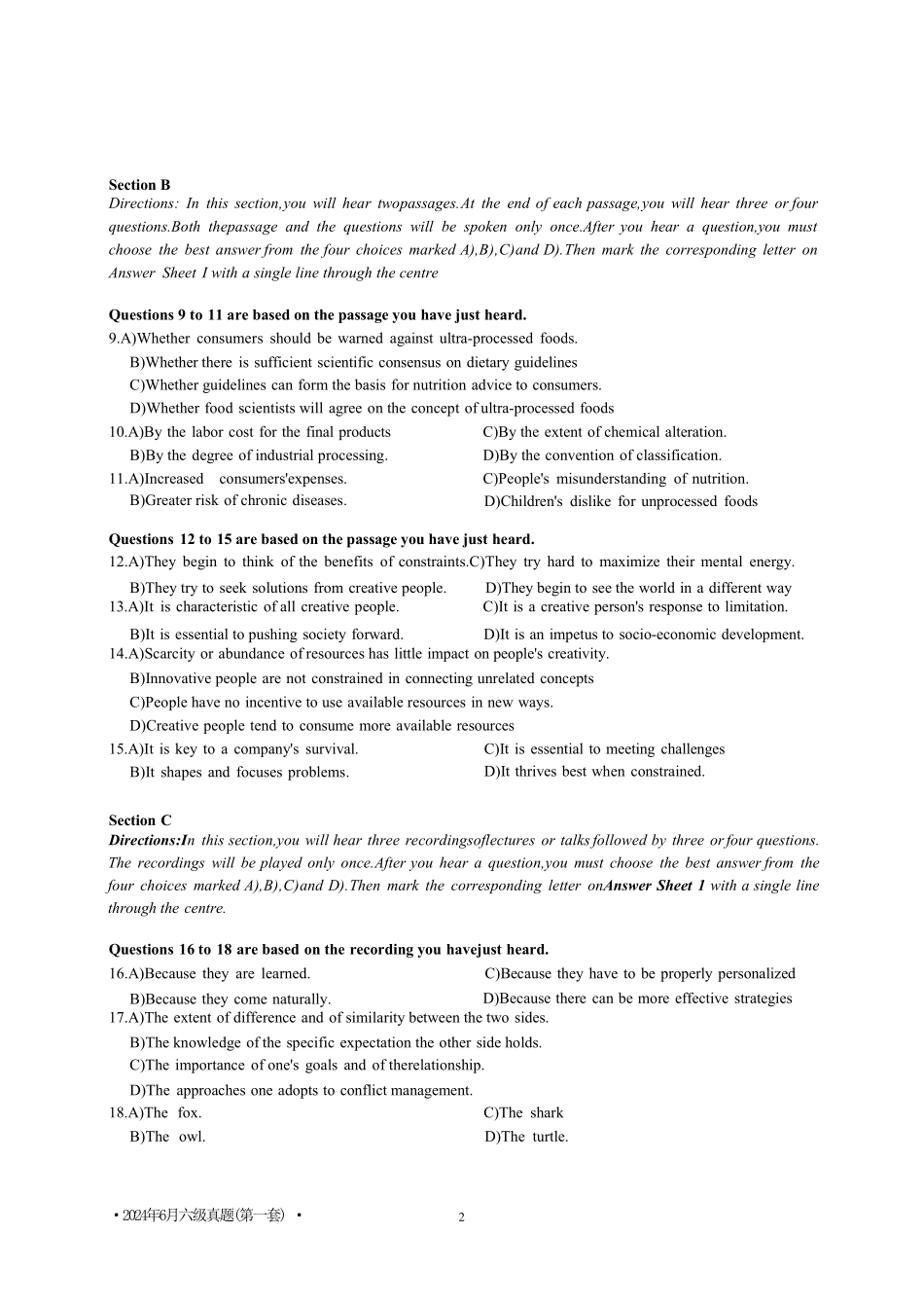 2024年6月第1套英语六级真题【可复制可搜索,打印首选】.pdf_第2页