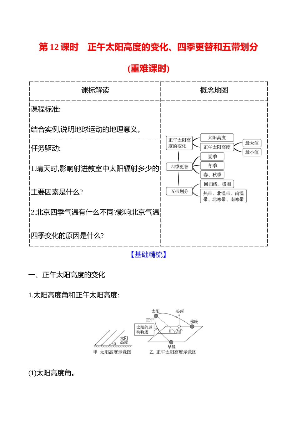 第二章第三节第2课时正午太阳高度的变化、四季更替和五带划分(重难课时).docx_第1页