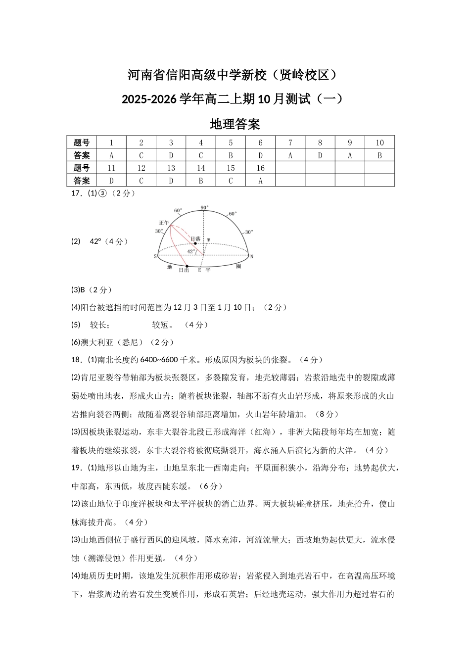河南省信阳高级中学新校(贤岭校区)2025-2026学年高二上期0月测试(一)地理答案.docx_第1页