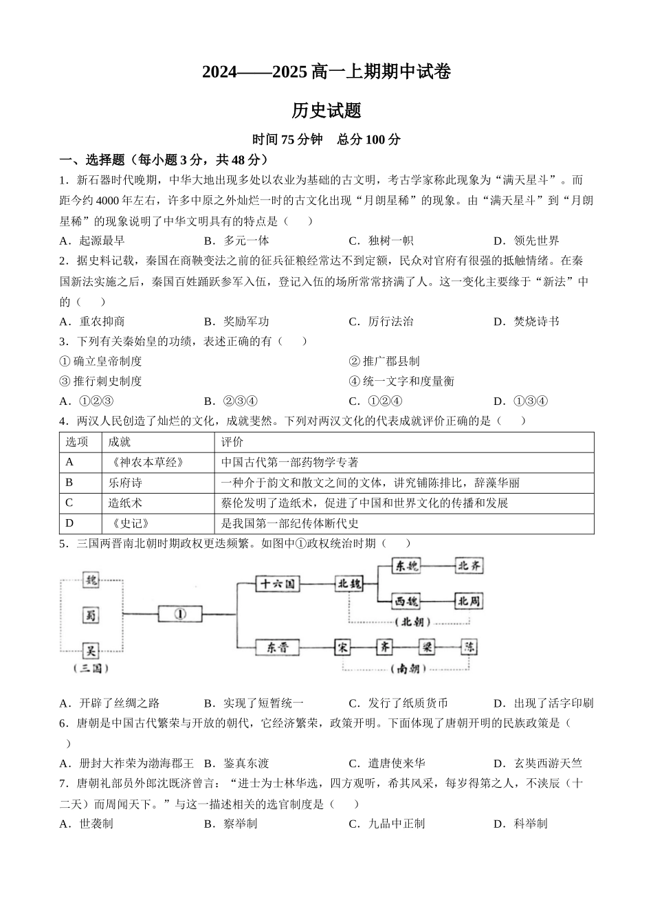 河南省周口市鹿邑县2024-2025学年高一上学期月期中考试历史含答案.docx_第1页
