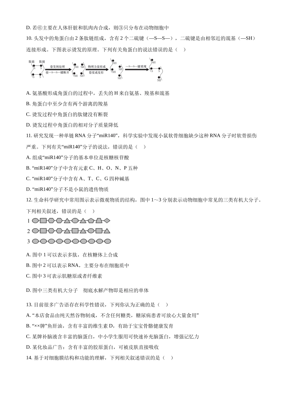 湖南省长沙市天心区长沙市长郡中学2024-2025学年高一上学期月期中考试生物试题.docx_第3页
