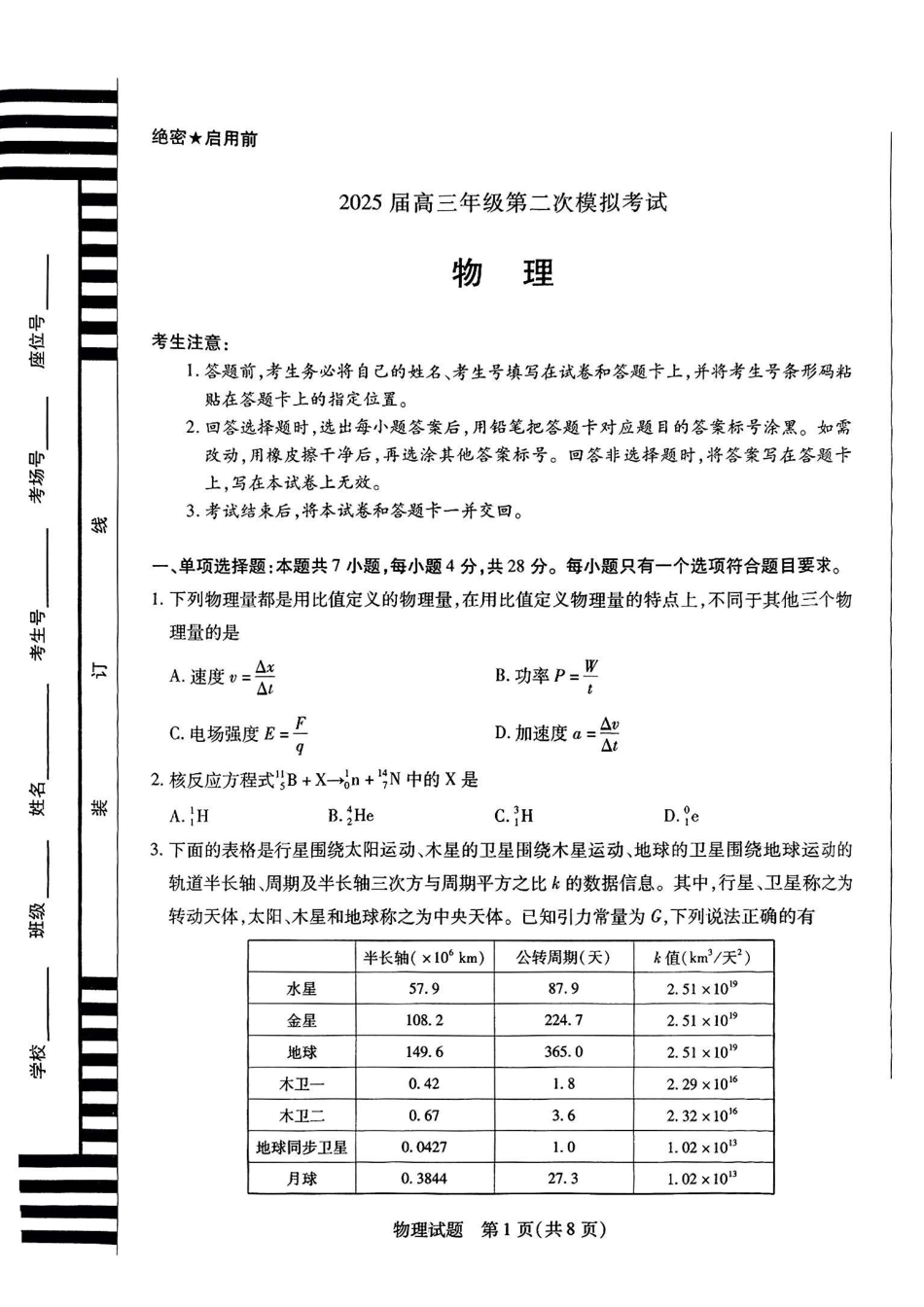 天一大联考2025届高三月联考暨高三下学期第二次模拟考试(3.24-3.25)物理试卷+答案.pdf_第1页