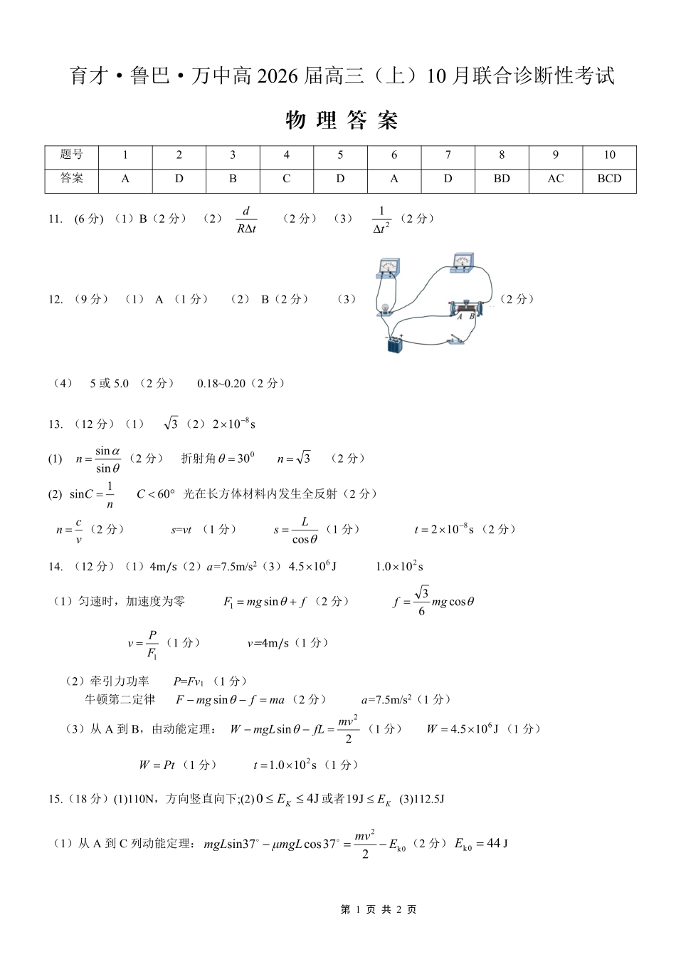 物理试卷答案重庆市育才鲁巴万中高2026届高三(上)10月联合诊断性考试(10.8-10.9).pdf_第1页