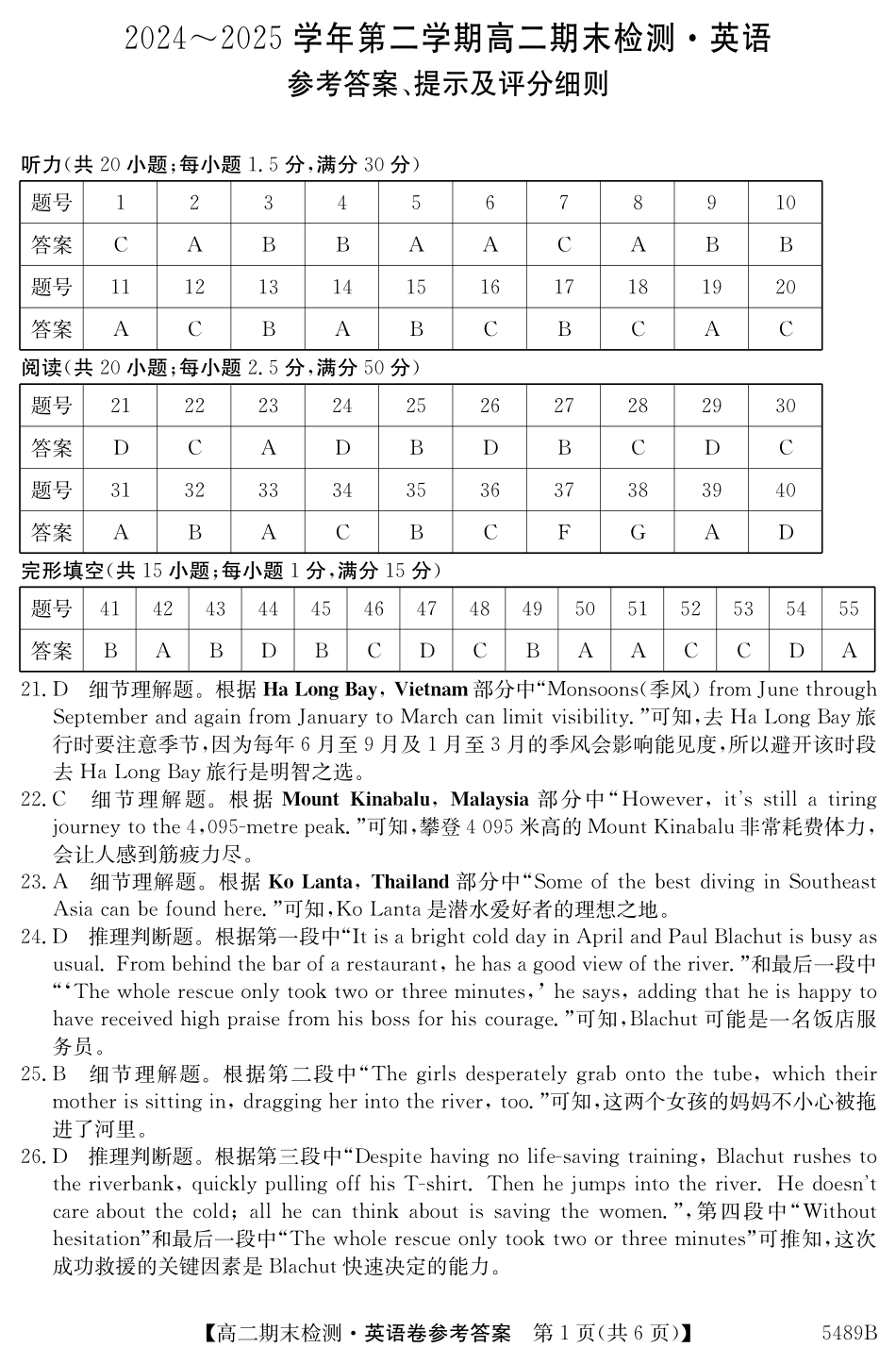 英语试卷（5489B）答案安徽省县中联盟2024-2025学年第二学期高二年级期末检测（下标5439B）.pdf_第1页