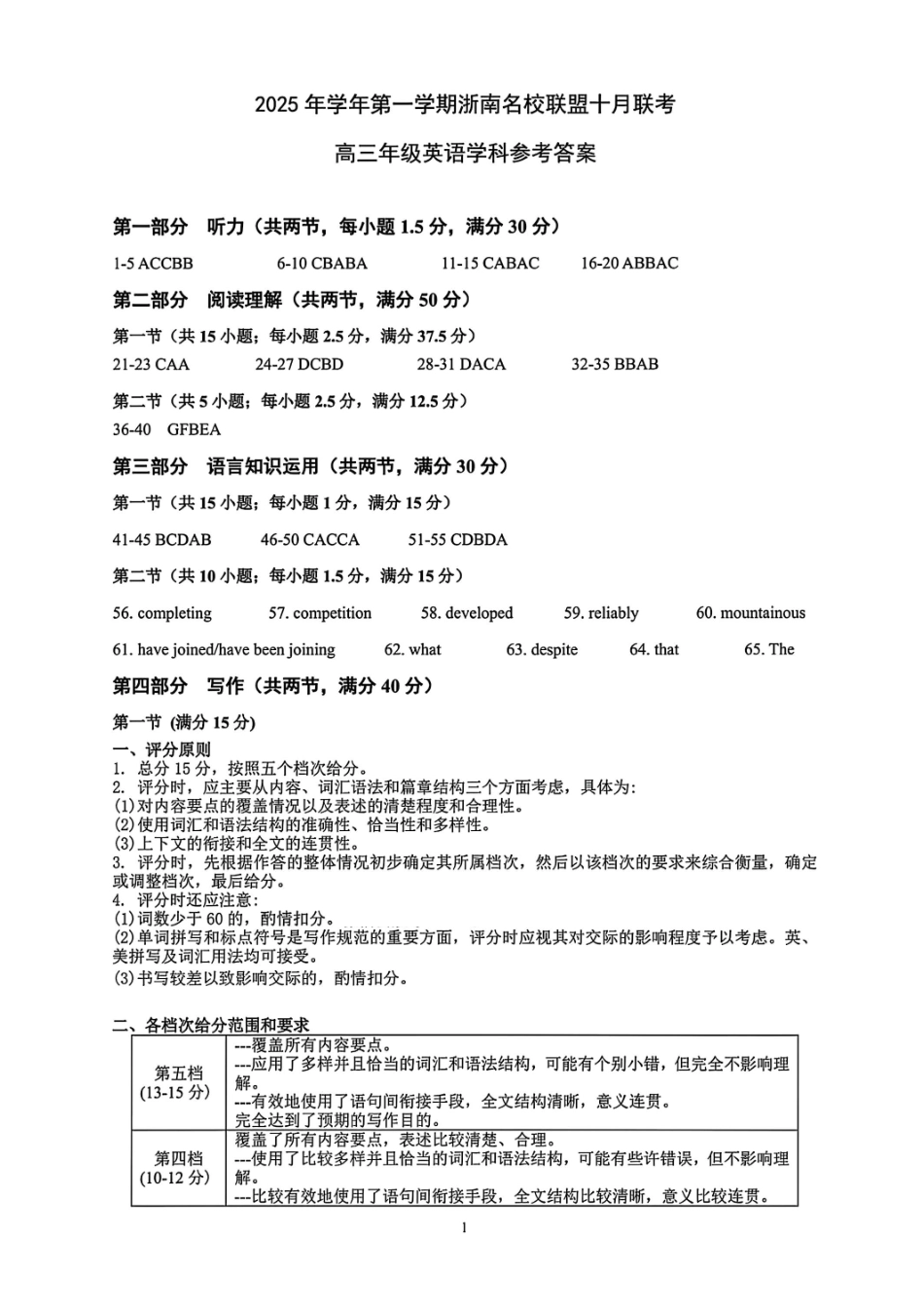 英语试题卷答案浙江省2025学年第一学期浙南名校联盟第一次高三联考暨国庆返校考(10.7-10.9).pdf_第1页