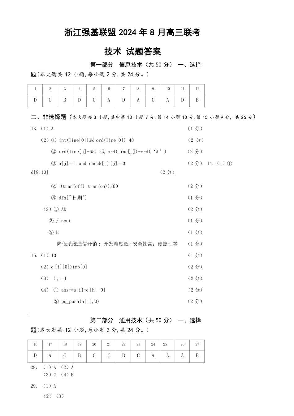 浙江省浙江强基联盟2024年8月高三返校联考（金太阳25-06C）技术试卷答案.pdf_第1页