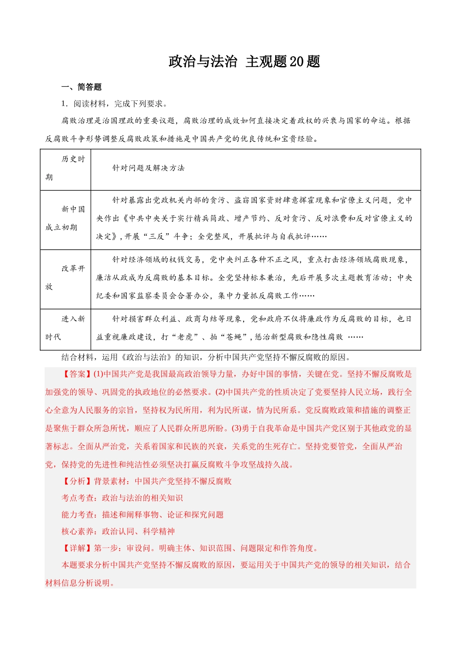 政治与法治主观题20题(解析版)--2024年高中政治学业水平测试(统编版全国通用).docx_第1页